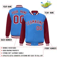 Powder Blue Crimson-White Raglan Varsity Full-Snap Letterman Jacket 2