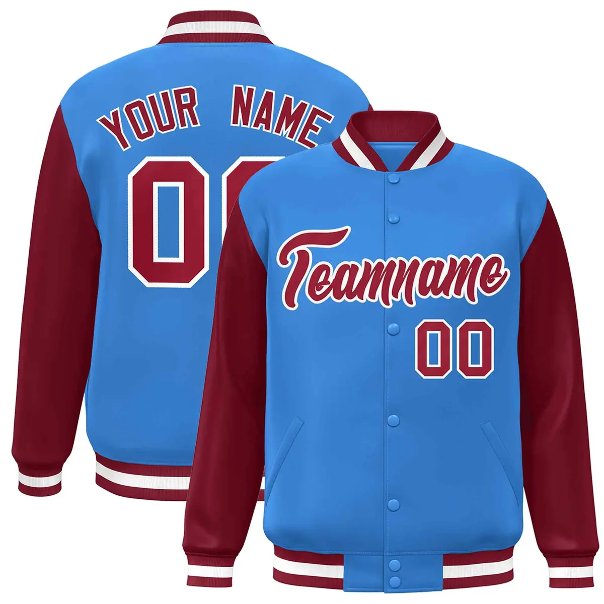 Powder Blue Crimson-White Raglan Varsity Full-Snap Letterman Jacket