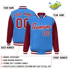 Powder Blue Crimson-White Raglan Varsity Full-Snap Letterman Jacket 2