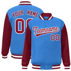 Powder Blue Crimson-White Raglan Varsity Full-Snap Letterman Jacket 1