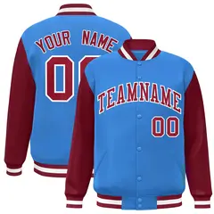 Powder Blue Crimson-White Raglan Varsity Full-Snap Letterman Jacket 1