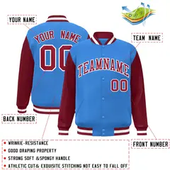 Powder Blue Crimson-White Raglan Varsity Full-Snap Letterman Jacket 2