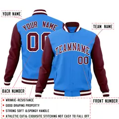 Powder Blue Crimson-White Raglan Varsity Full-Snap Letterman Jacket 4