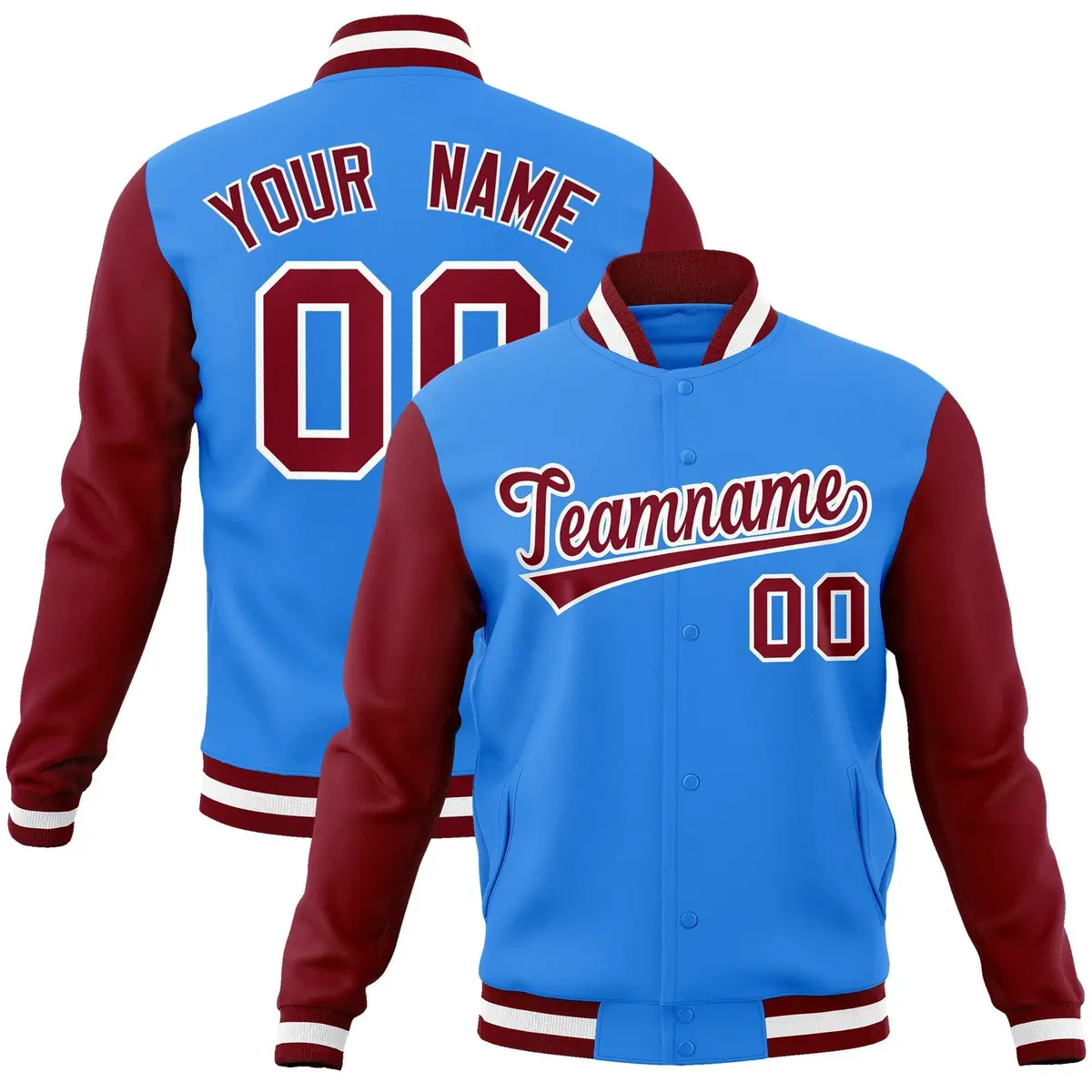 Powder Blue Crimson-White Raglan Varsity Full-Snap Letterman Jacket