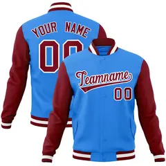 Powder Blue Crimson-White Raglan Varsity Full-Snap Letterman Jacket 1