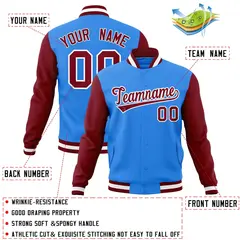 Powder Blue Crimson-White Raglan Varsity Full-Snap Letterman Jacket 4