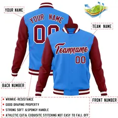Powder Blue Crimson-White Raglan Varsity Full-Snap Letterman Jacket 4