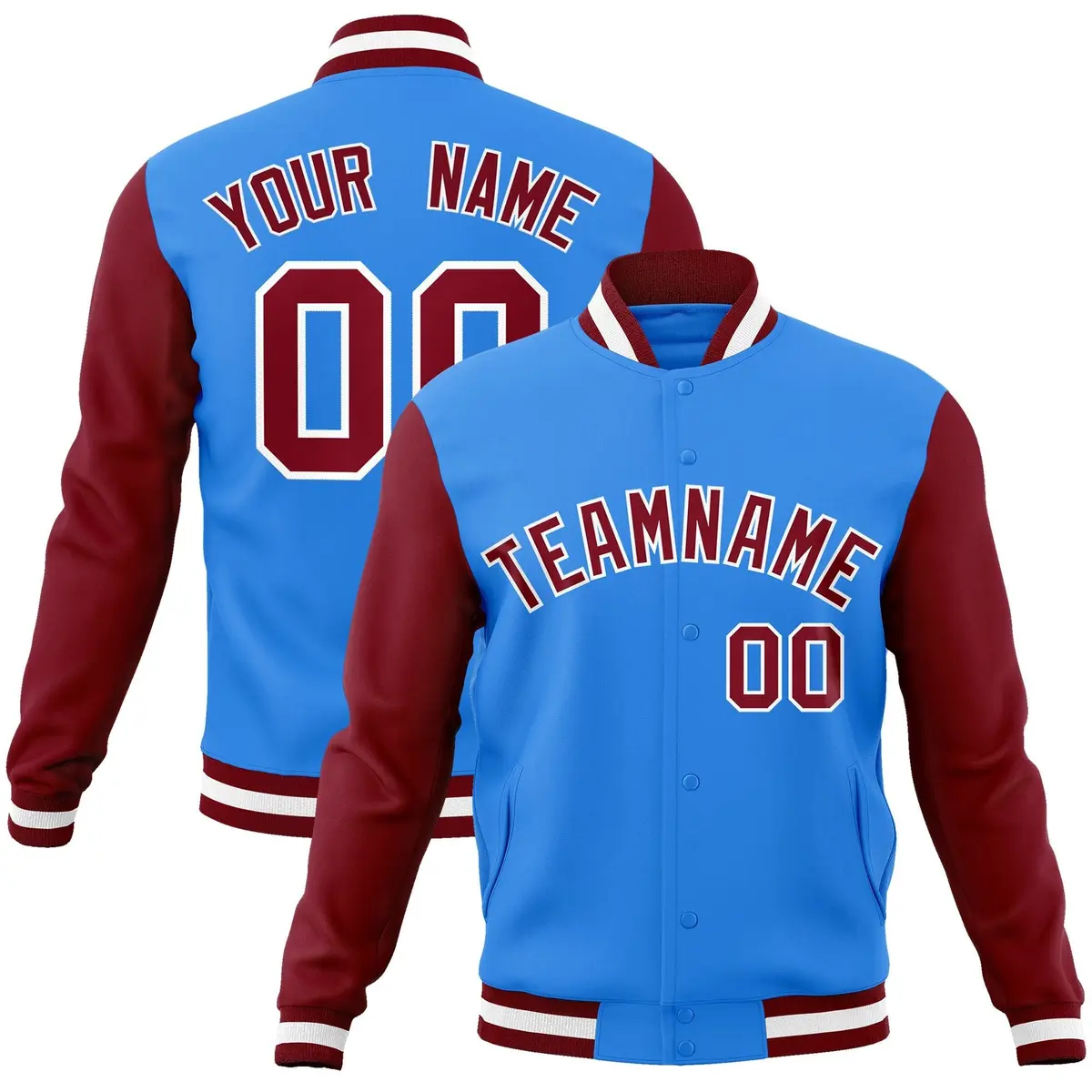 Powder Blue Crimson-White Raglan Varsity Full-Snap Letterman Jacket