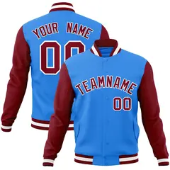 Powder Blue Crimson-White Raglan Varsity Full-Snap Letterman Jacket 1