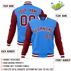 Powder Blue Crimson-White Raglan Varsity Full-Snap Letterman Jacket 4
