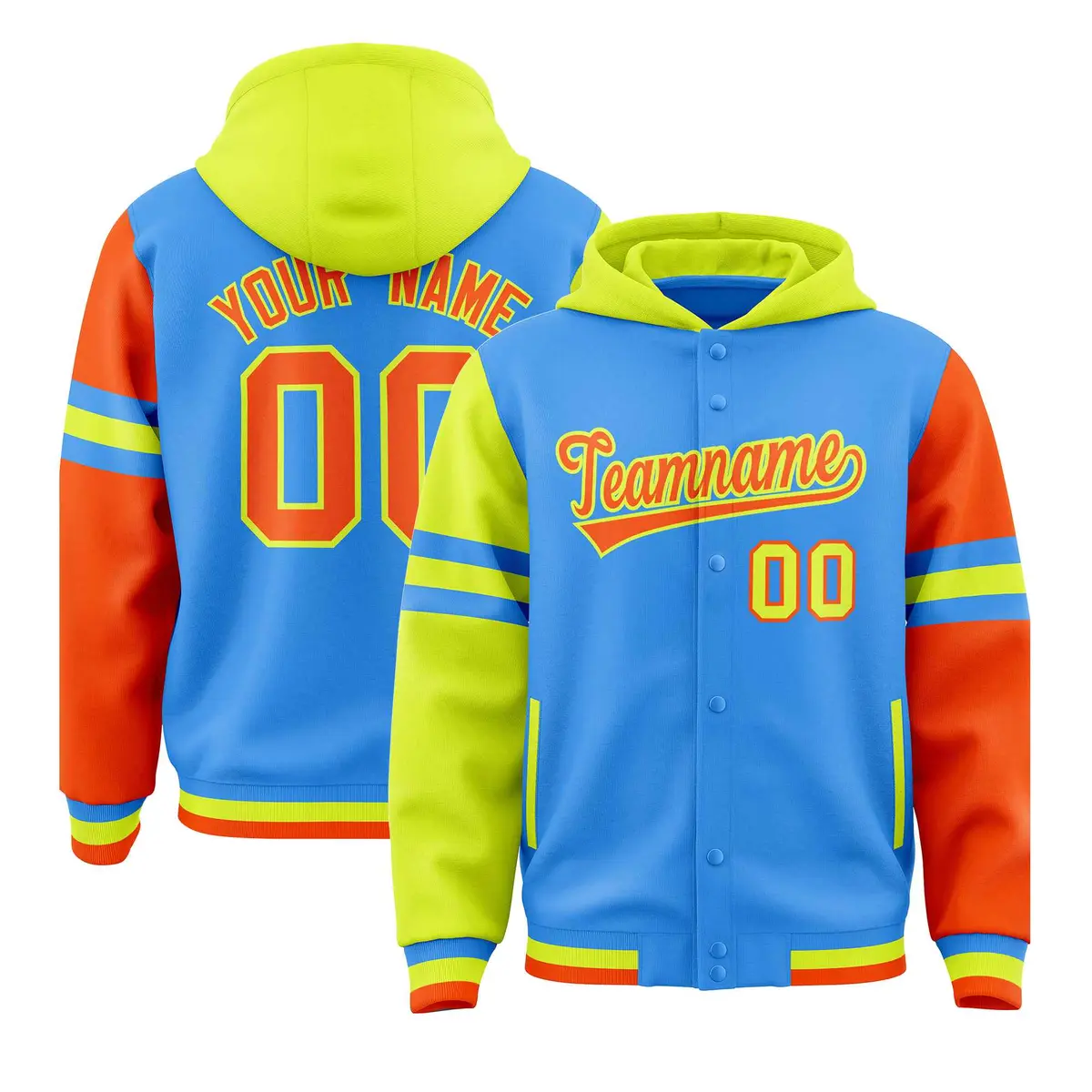 Powder Blue Fluorescent Green-Orange Varsity Three Stripes Raglan Jacket Hoodie