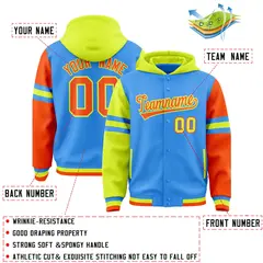 Powder Blue Fluorescent Green-Orange Varsity Three Stripes Raglan Jacket Hoodie 4