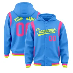 Powder Blue Fluorescent Green Varsity Letterman Color Block Hoodie Jacket 1