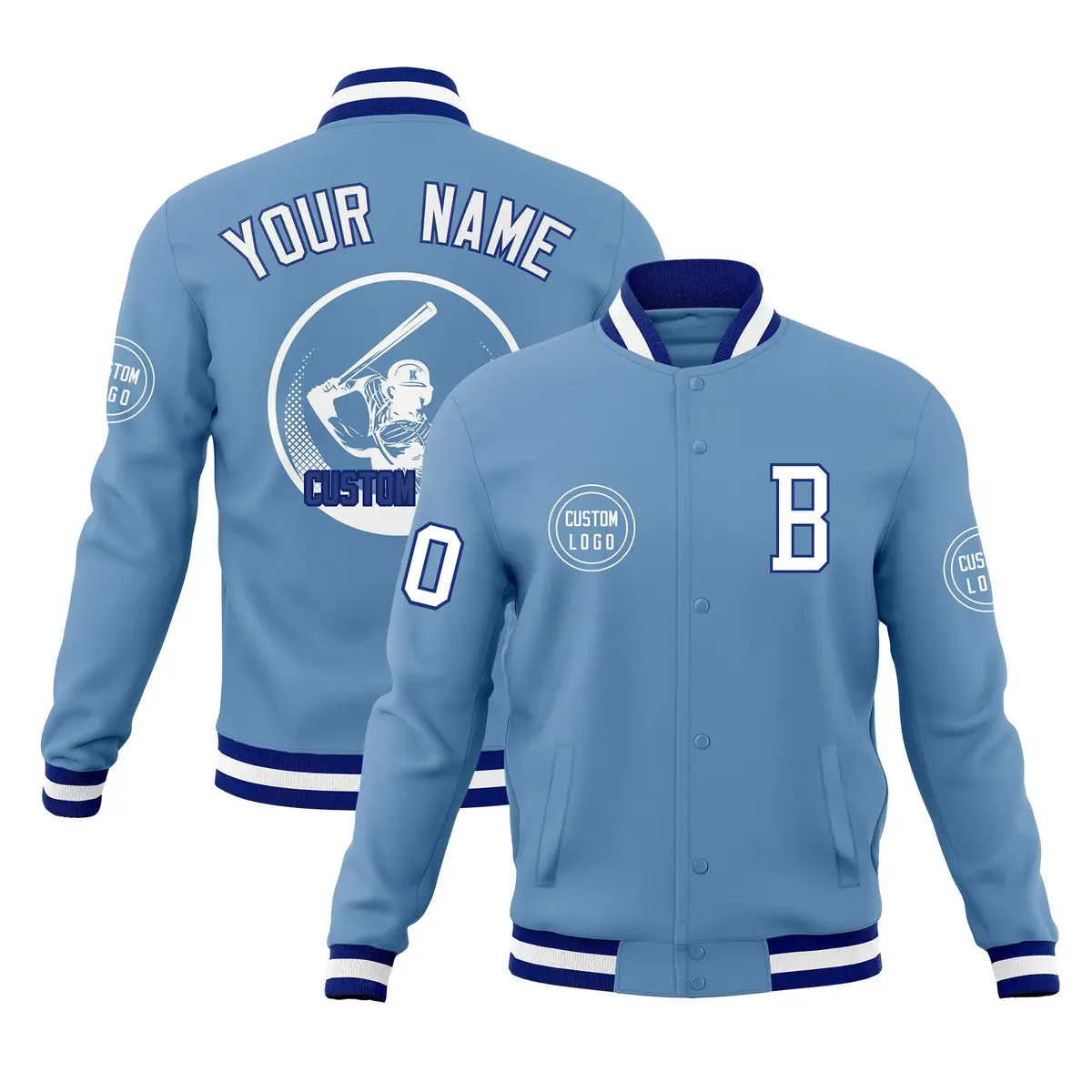 Powder Blue Full-Snap Varsity Letterman Baseball Jacket