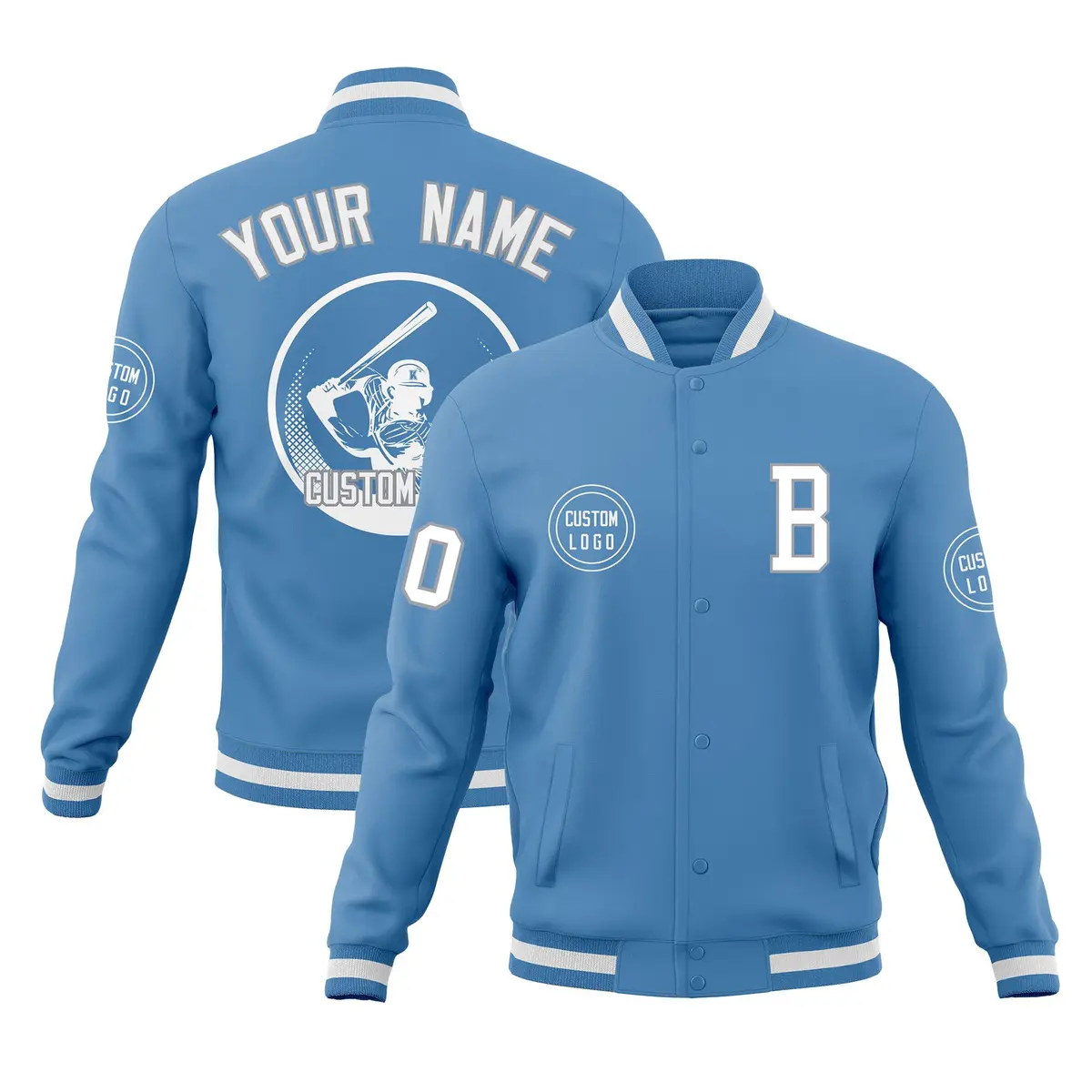 Powder Blue Full-Snap Varsity Letterman Baseball Jacket