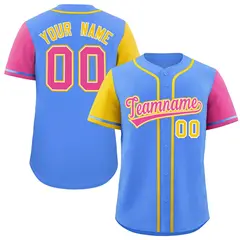 Powder Blue Gold and Pink Raglan Sleeves Baseball Jersey