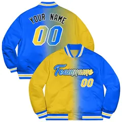 Powder Blue Gold-Black Two Tone Gradient Letterman Bomber Varsity Jacket 1