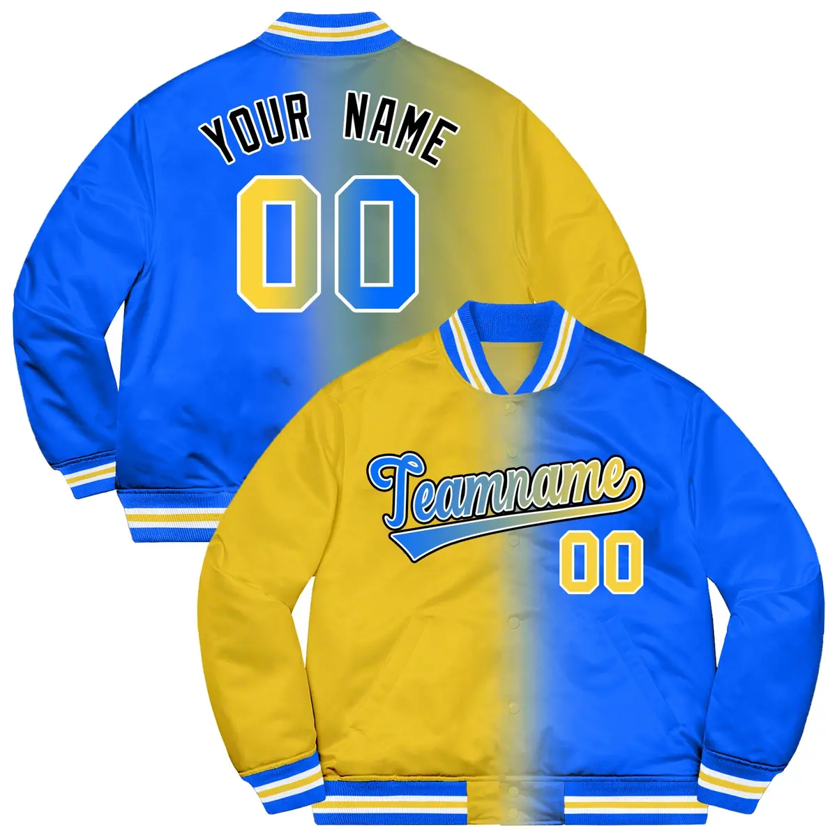 Powder Blue Gold-Black Two Tone Gradient Varsity Baseball Jacket