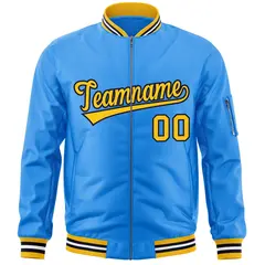Powder Blue Gold-Black Varsity Full-Zip Letterman Bomber Jacket 3