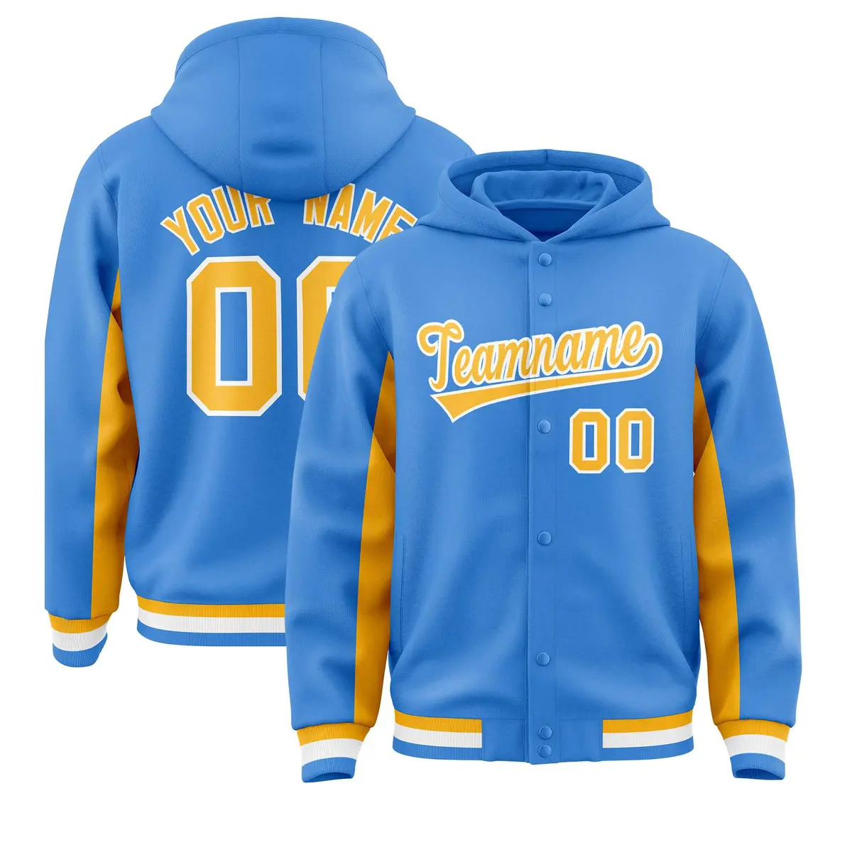 Powder Blue Gold Color Block Varsity Full-Snap Letterman Hoodie Jacket