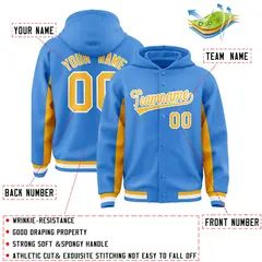 Powder Blue Gold Color Block Varsity Full-Snap Letterman Hoodie Jacket 4