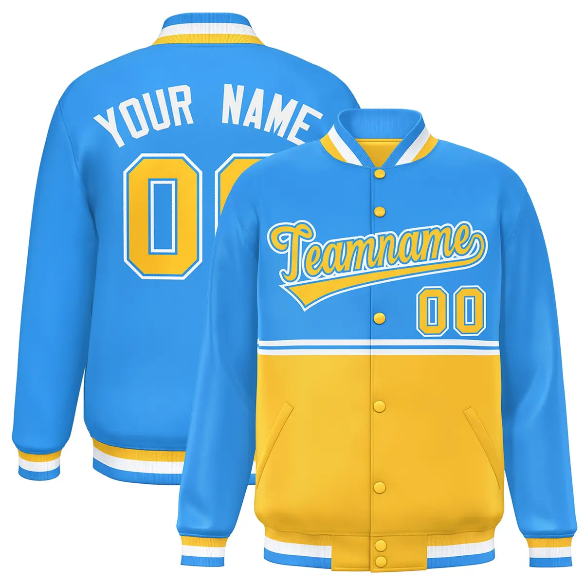 Powder Blue Gold Color Block Varsity Full-Snap Letterman Jacket