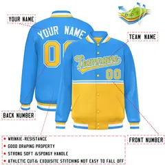 Powder Blue Gold Color Block Varsity Full-Snap Letterman Jacket 2