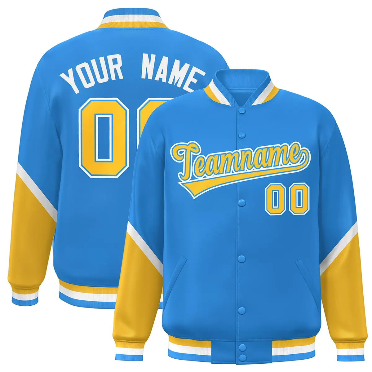 Powder Blue Gold Color Block Varsity Letterman Jacket