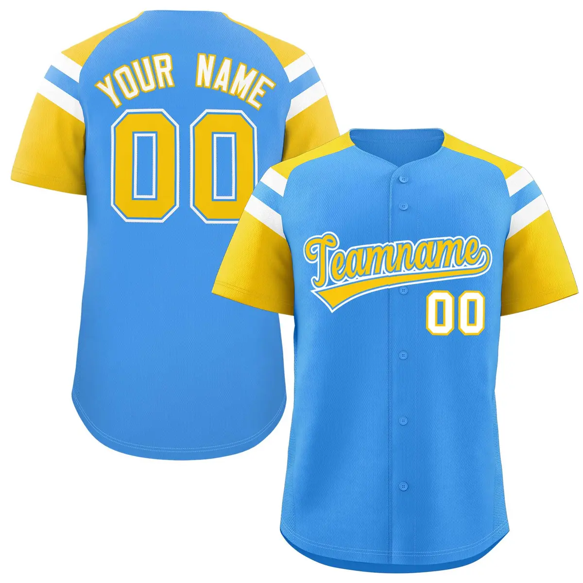 Powder Blue Gold Contrast Raglan Baseball Jersey
