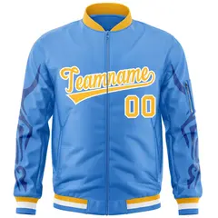 Powder Blue Gold Dragon Head Graffiti Letterman Bomber Jacket 3