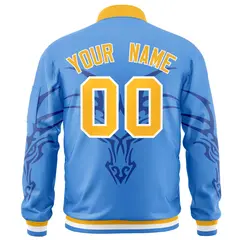 Powder Blue Gold Dragon Head Graffiti Letterman Bomber Jacket 4