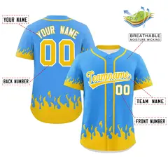 Powder Blue Gold Flame Graffiti Authentic Baseball Jersey 2