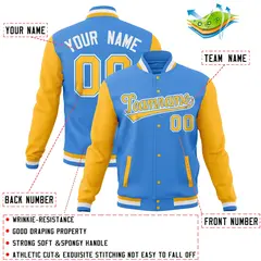 Powder Blue Gold Full-Snap Raglan Varsity Letterman Baseball Jacket 4