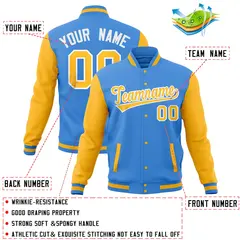 Powder Blue Gold Full-Snap Raglan Varsity Letterman Baseball Jacket 4