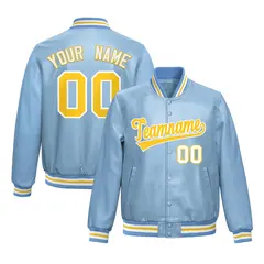 Powder Blue Gold Full-Snap Varsity Faux Leather Letterman Jacket