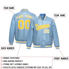 Powder Blue Gold Full-Snap Varsity Faux Leather Letterman Jacket 2
