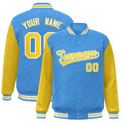 Powder Blue Gold L Pattern Raglan Letterman Baseball Jacket 1