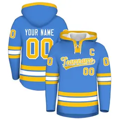 Powder Blue Gold Lace-Up Neck Hockey Hoodie Classic Style