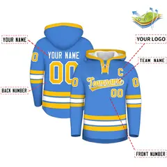 Powder Blue Gold Lace-Up Neck Hockey Hoodie Classic Style 2