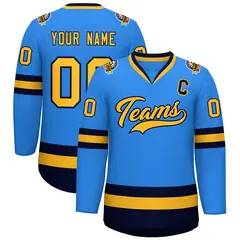 Powder Blue Gold-Navy Classic Style Hockey Jersey 1