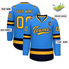 Powder Blue Gold-Navy Classic Style Hockey Jersey 2