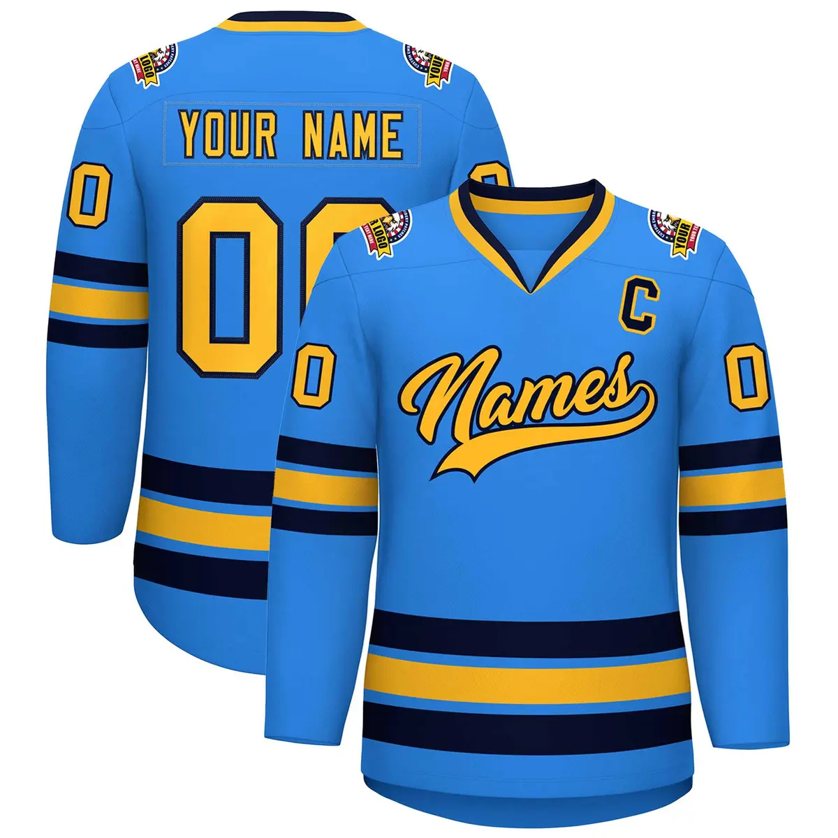 Powder Blue Gold-Navy Classic Style Hockey Jersey