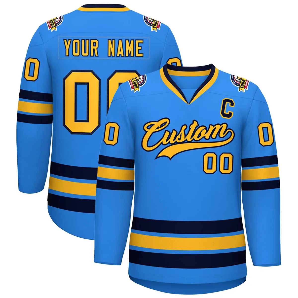 Powder Blue Gold-Navy Classic Style Hockey Jersey