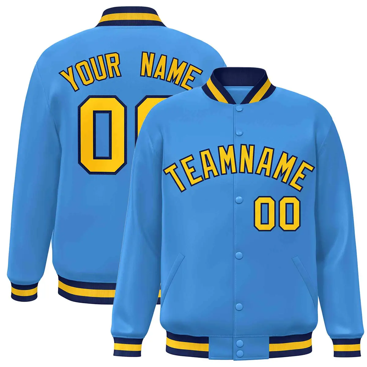 Powder Blue Gold-Navy Varsity Full-Snap Letterman Jacket