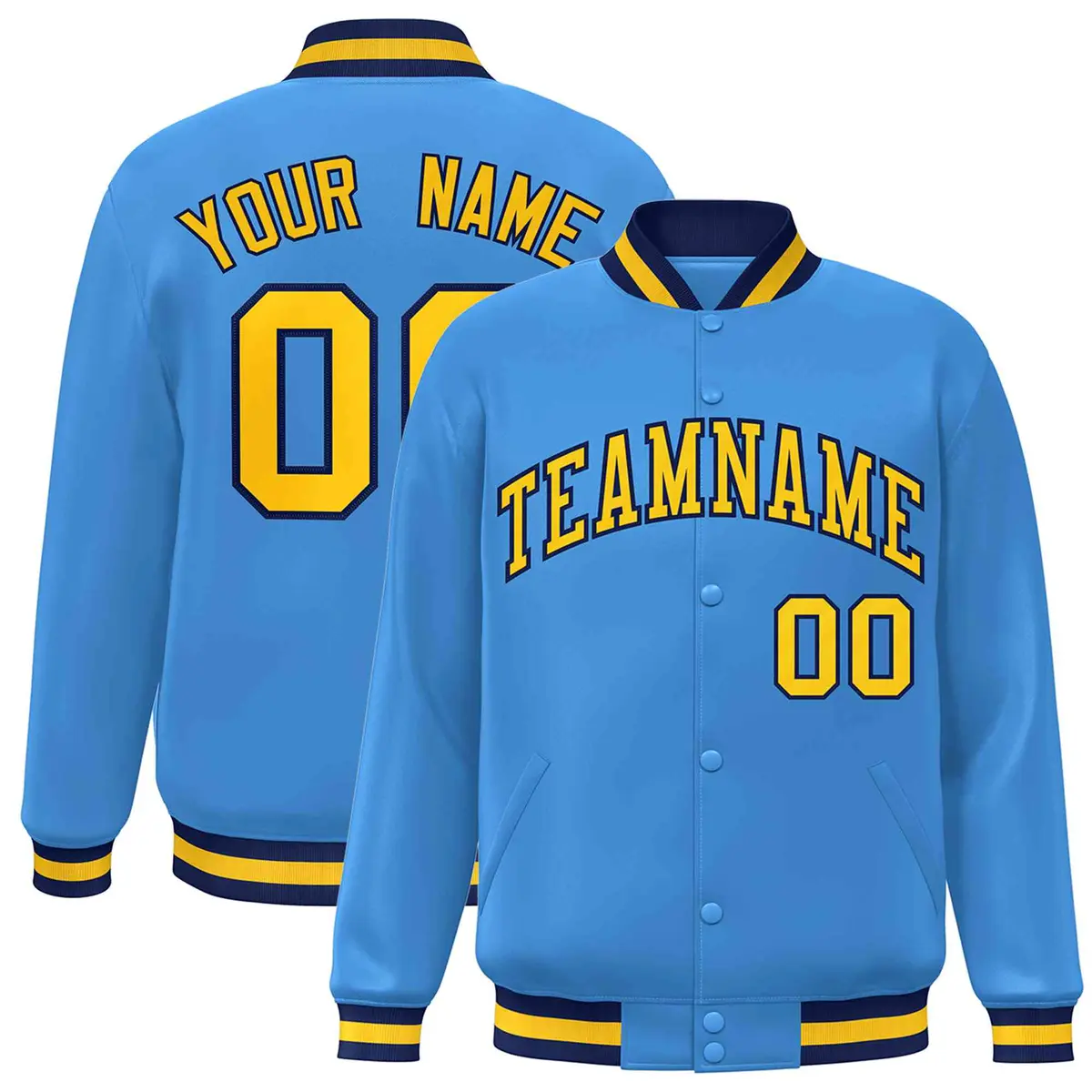Powder Blue Gold-Navy Varsity Full-Snap Letterman Jacket