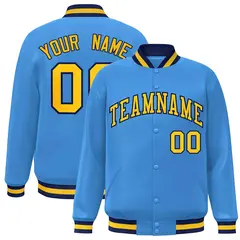 Powder Blue Gold-Navy Varsity Full-Snap Letterman Jacket 1