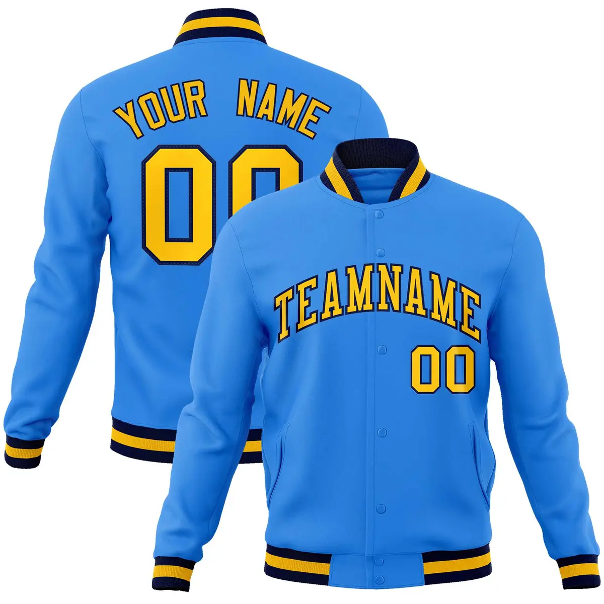 Powder Blue Gold-Navy Varsity Full-Snap Letterman Jacket