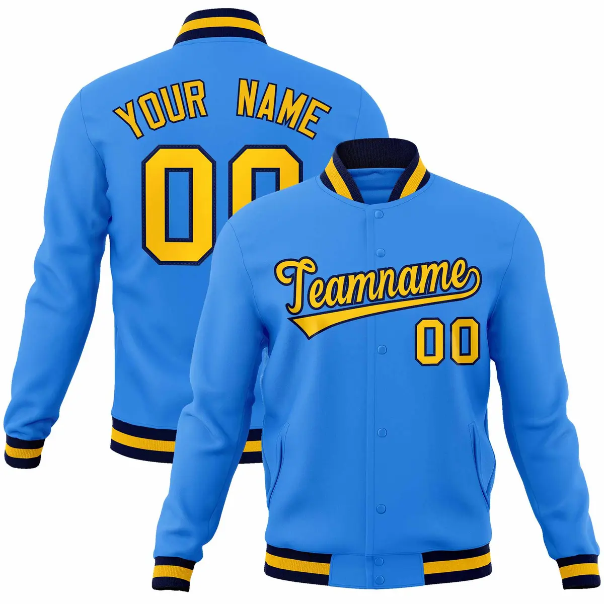 Powder Blue Gold-Navy Varsity Full-Snap Letterman Jacket