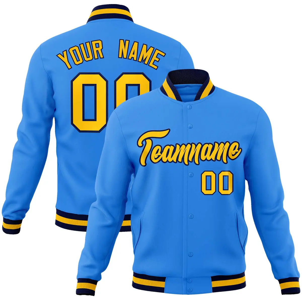 Powder Blue Gold-Navy Varsity Full-Snap Letterman Jacket