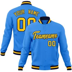 Powder Blue Gold-Navy Varsity Full-Snap Letterman Jacket 1